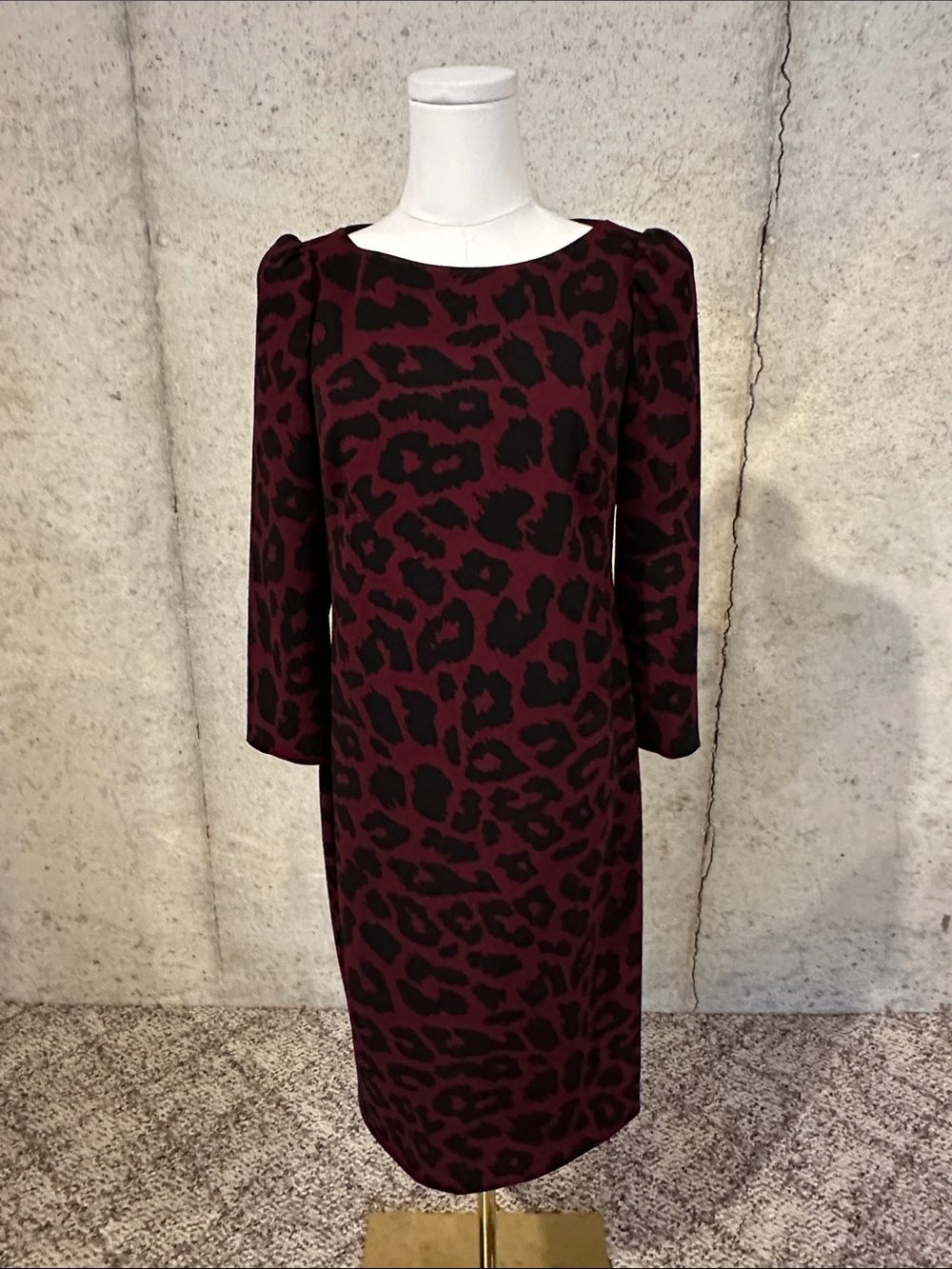 Calvin Klein Burgundy Leopard Print Dress Long Sleeve Mob Wife Size 8
